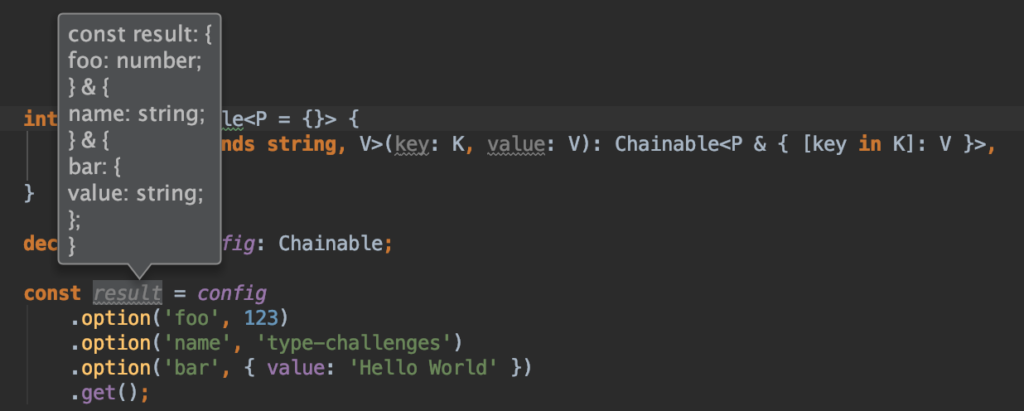 Complete result type displayed in the IDE with the intersections.