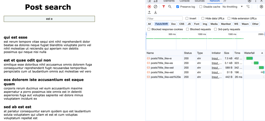 Network requests in the dev tools when we haven't optimised the search input yet with RxJS.