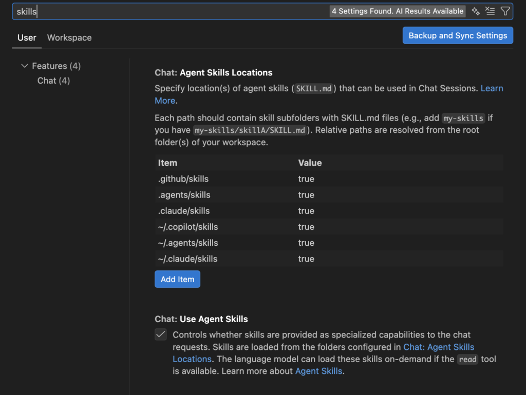 Screenshot showing where to enable agent skills in VC code.